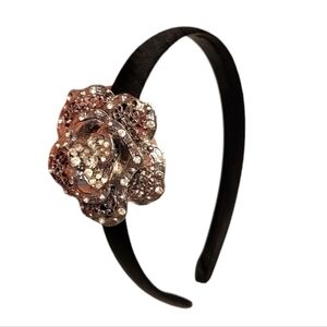 FLORAL Headband crystal embellished, black sateen band, silvertone flower